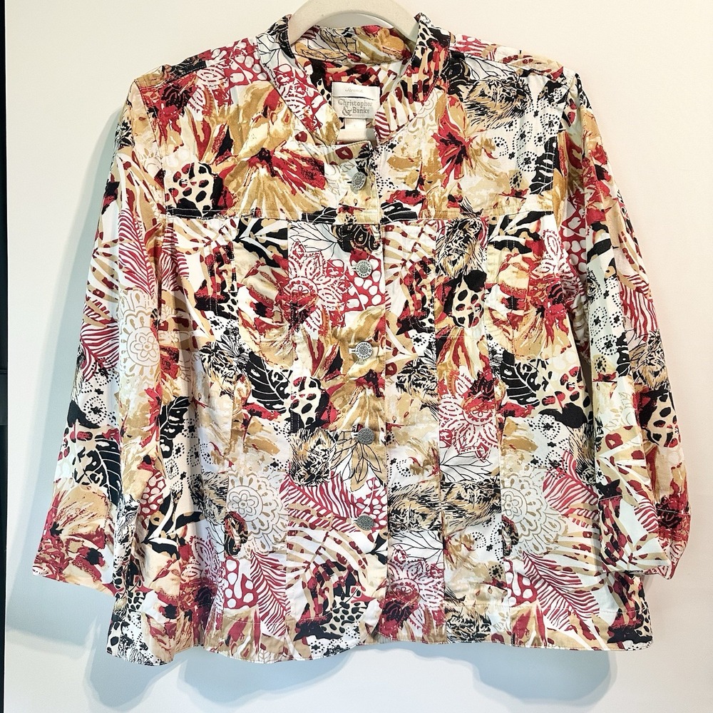 Christopher & Banks Floral Shirt Jacket Womens Sz L Button‎ Front Cotton 3/4-SL